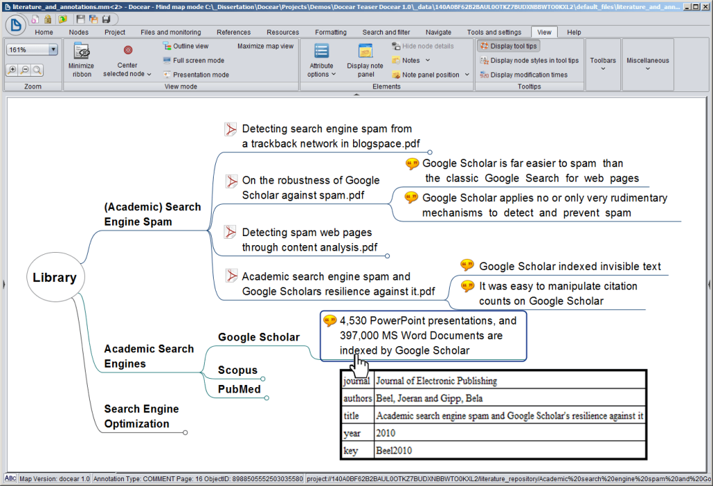 Docear mind mapping software